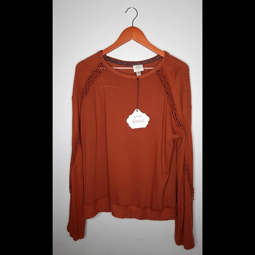 Knox Rose Women's XL Brown Lace Longsleeve Pullover Sweater Top NWT